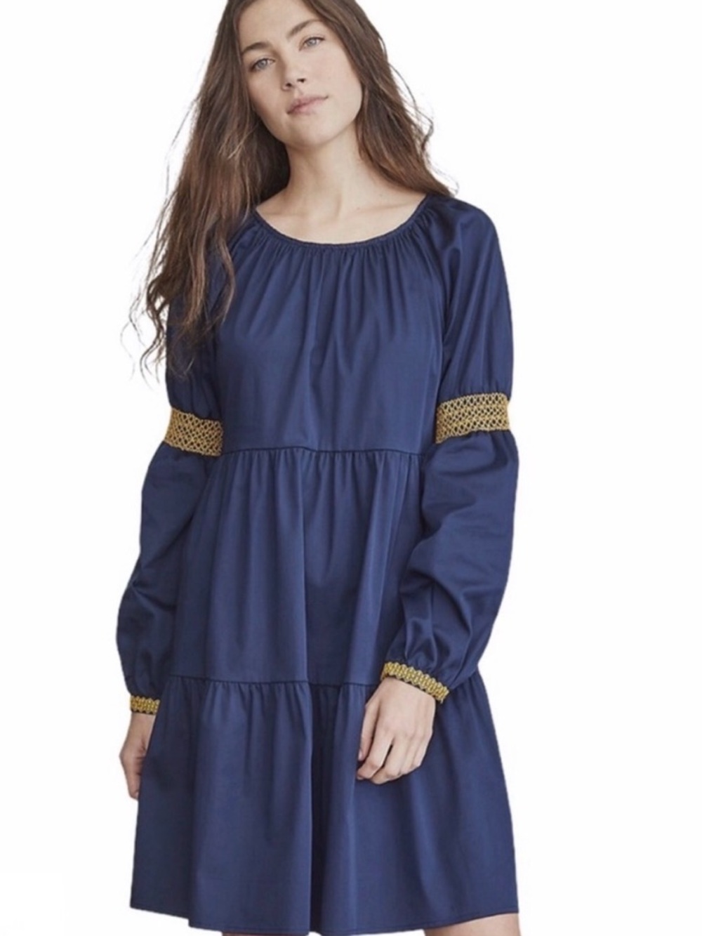 Elizabeth and James Navy Boho Mini Dress Gold Trim Long Sleeve Size L